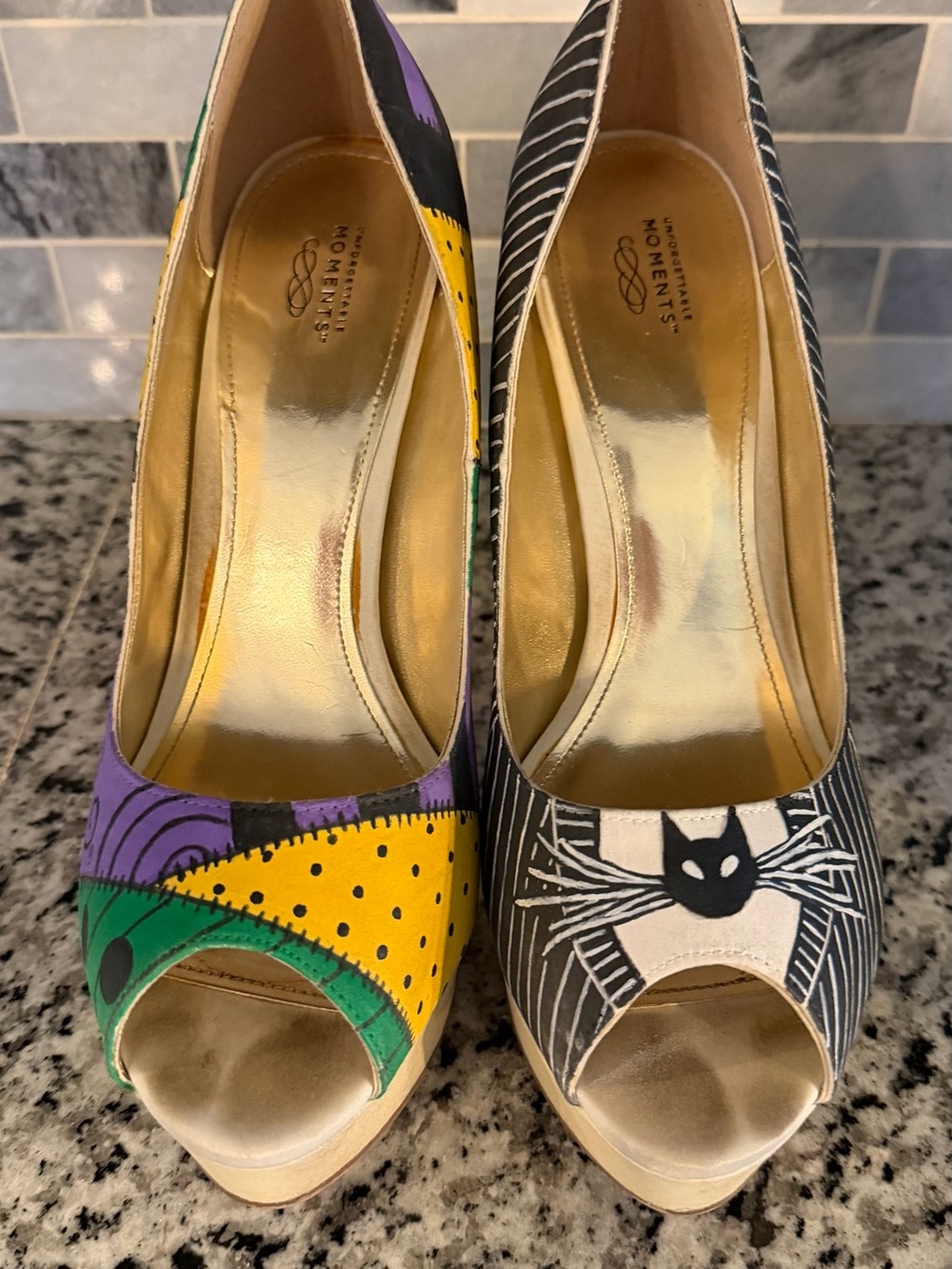 Jack and Sally inspired hand painted peep toe pumps